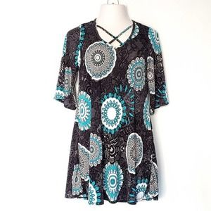 Abstract Stretchy Black Blue Floral Mandala 3/4 Sleeve Boho Dress Sz M